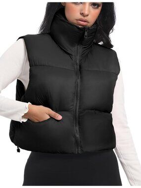 Women's Black Winter Puffy Vest w/ Pockets Stand Collar Zip Up Sleeveless Jacket